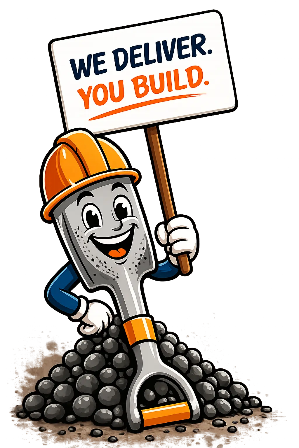 My Gravel Buddy shovel mascot holding a delivery sign on a pile of gravel