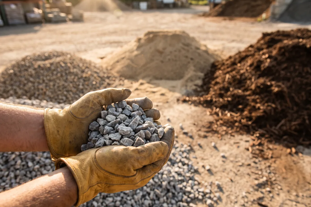Hands holding a sample of crushed stone above piles of gravel, sand and mulch