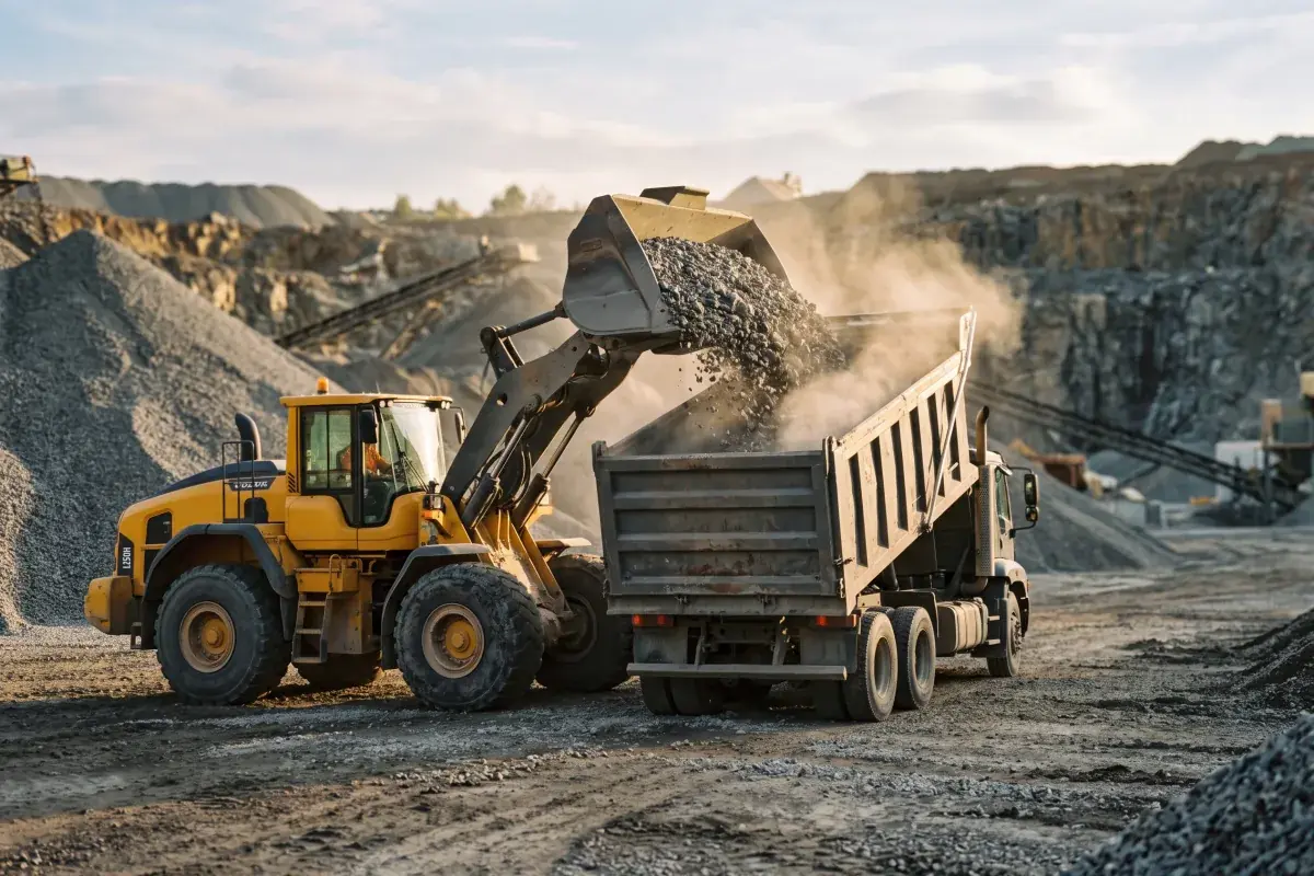 A front end loader filling a dump truck with crushed stone