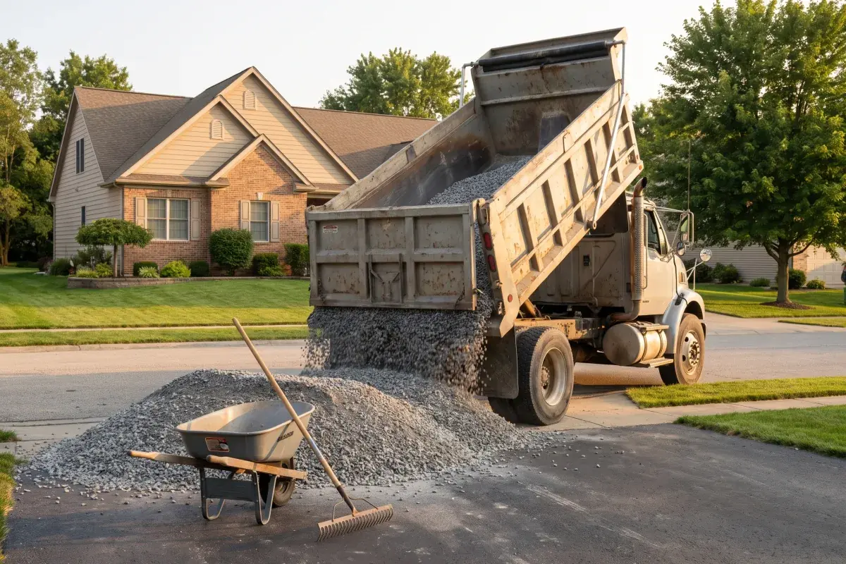 A dump truck unloading gravel onto a residential driveway